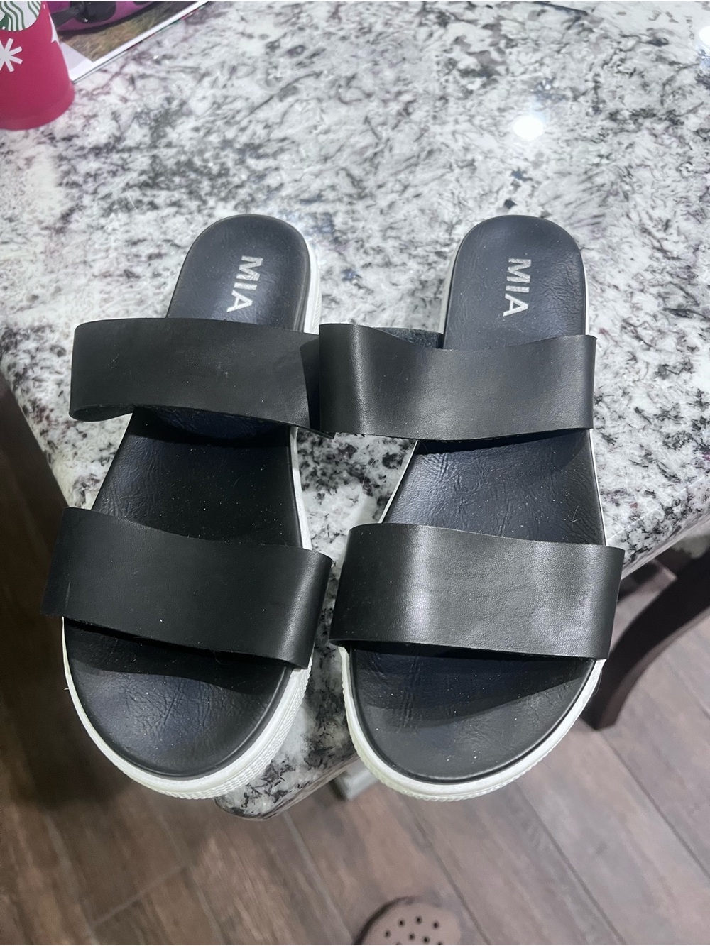 MIA Black Slide Sandals with White Platform Sole